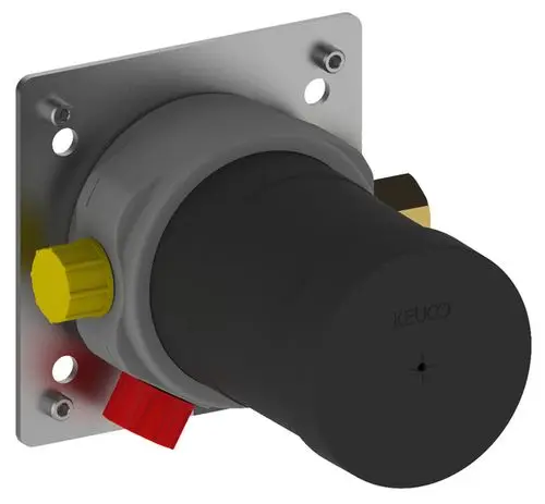 Funktionseinheit von Keuco mit einem runden, grauen Gehäuse, zwei Reglertasten in Gelb und Rot, montiert auf einer rechteckigen Metallplatte mit Befestigungslöchern.